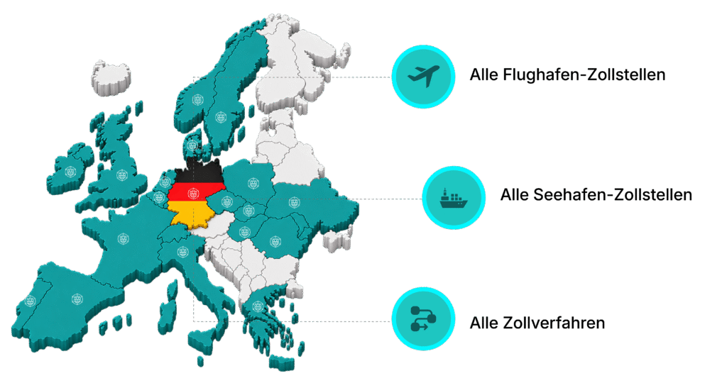 Europäisches Zollabfertigungsnetzwerk mit Deutschland im Fokus – Zollservice an allen Flughafen- und Seehafen-Zollstellen sowie für alle Zollverfahren.